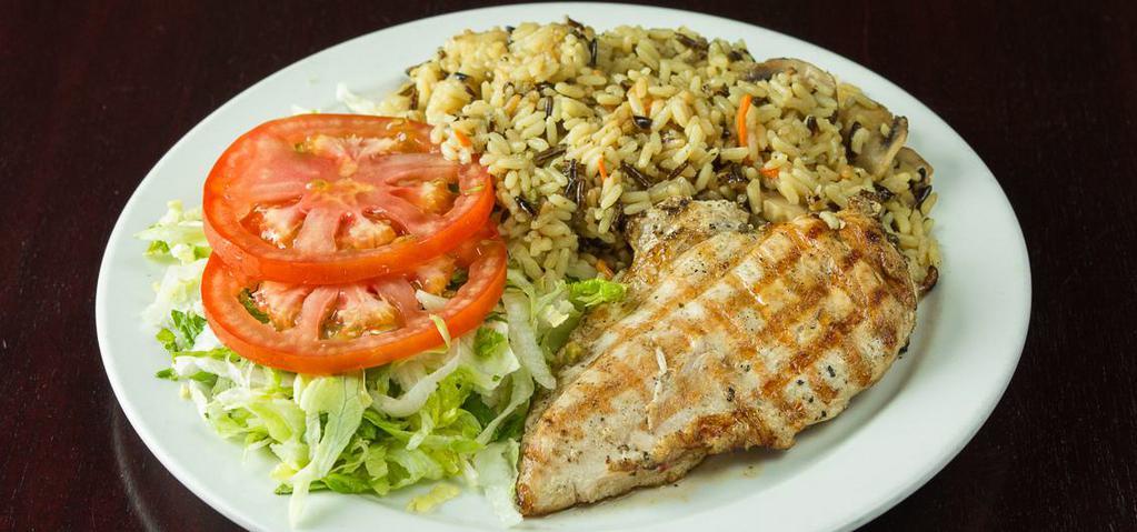Fowl Ball · Grilled chicken breast, long-grain & wild rice with a side of lettuce and tomatoes.