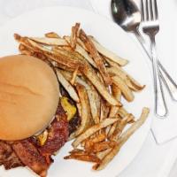 Bacon Cheeseburger · American cheese, crispy bacon, lettuce, tomato, pickle, onions, mayo.