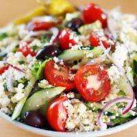 Small Greek Salad · Crisp Romaine Hearts, Fresh Tomatoes, Cucumbers, Red Onions, Kalamata Olives, Greek Feta and...