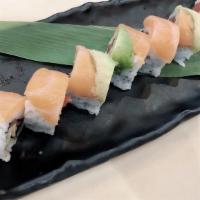 Sunrise Roll · Spicy. Spicy tuna, cucumber, fresh salmon and avocado on top.
