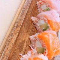 Super Rainbow Roll · Cream Cheese, Cucumber, Avocado, Asparagus, and Soy Paper wrap with Crabmeat topped w/Salmon...