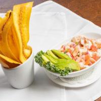Ceviche · Lime Cured Seafood, Avocado, Cilantro, Crispy Plantains corn nuts