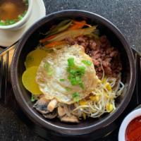 Bi Bim Bap · Served with a miso soup.Bed of rice surrounded by vegetables and choice of chicken,beef,pork...