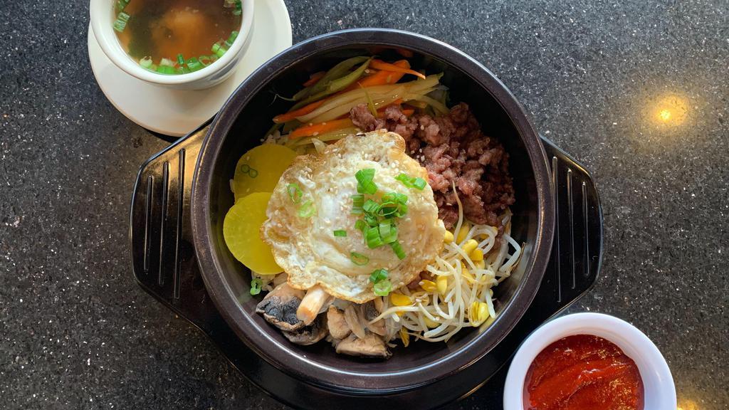 Bi Bim Bap · Served with a miso soup.Bed of rice surrounded by vegetables and choice of chicken,beef,pork,shrimp or Tofu. Topped with a fried egg. Mix in hot pepper pasta to taste.