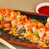 More Than Word Roll · Shrimp tempura, cream cheese and crabmeat topped w/ crabstick, eel sauce, spicy mayo, wasabi...