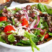Mediterranean Salad · Tossed mixed greens, kalamata olives, tomatoes, red onions, crumbled feta, and balsamic vina...