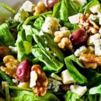 Creola Salad · Baby spinach, kalamata olives, walnuts, crumbled gorgonzola, and balsamic vinaigrette.