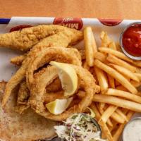 Fried Mississippi Catfish · Served with french fries, texas toast, garnish of cole slaw, two onion rings, tartar sauce, ...