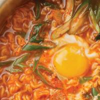 Korean Street Ramen · Korean curly noodle with chicken, vegetable, egg in spicy broth