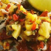 Hawaii 5-0 · Pulled pork topped with Pineapple Pico, Red Pepper BBQ sauce on a hand-made Gritilla (Tortil...