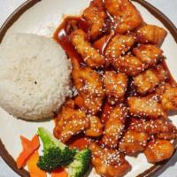 Sesame Chicken · By The Chinese Neighbor. Crisp batter with sesame sauce, garlic, toasted sesame seeds, scall...