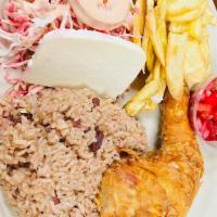 Fried Chicken Plate (Pollo Frito Plato) · Served with rice, refried beans, cheese, cabbage salad, pico de gallo, choice of fried banan...