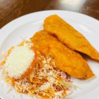 (Pastelitos) Stuffed, Deep-Fried Corn Tortillas(2 Per) (Pastelitos Hondureños) · Stuffed with ground beef, served with cabbage salad and home-made salsa.
Rellenos con Carne ...