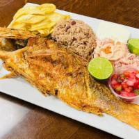Red Snapper · Served with rice, refried beans, cheese, cabbage salad, pico de gallo, choice of fried banan...