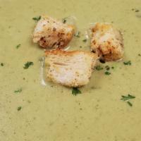 Poblano Soup · Fire Roasted Poblanos in a cream based soup. 12 oz serving.