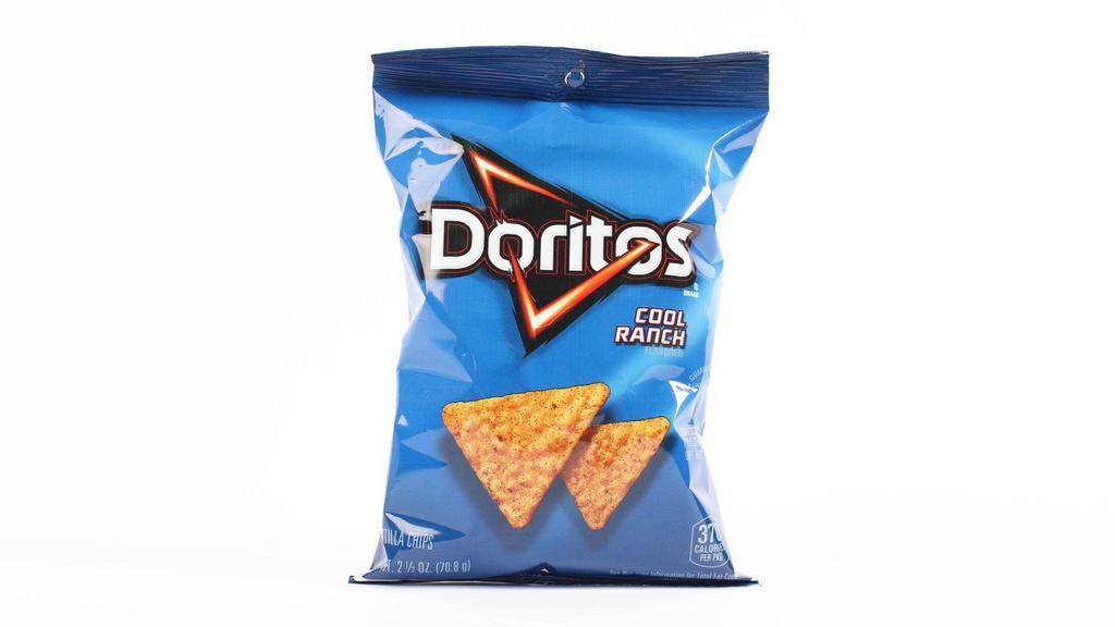 Doritos Cool Ranch · 2.5 oz. DORITOS isn’t just a chip. It’s fuel for disruption — our flavors ignite adventure and inspire action. With every crunch, we aim to redefine culture and support those who are boldly themselves. Are you ready? If so, crunch on. These crispy snacks are perfect for sharing with family and friends.