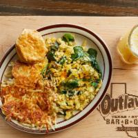 15 Veggie Scramble · Three eggs, cheese, spinach, mushrooms, onions, tomatoes. Served w/hash browns OR home fries...