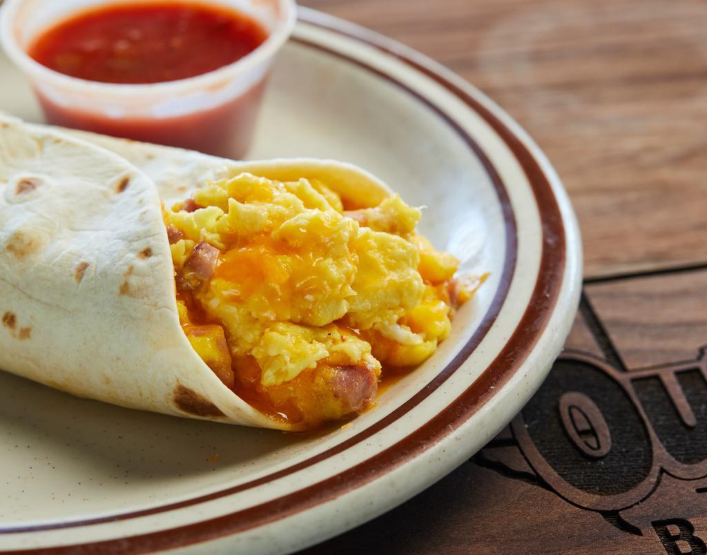 11 Big Breakfast Burrito · Breakfast burrito w/meat (egg and cheese.) Served with sausage, bacon, ham, chorizo, or brisket