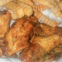 6 Wings (With Fries) · Seasoned wings fried and mixed in a sauce of your choice and served with fries.