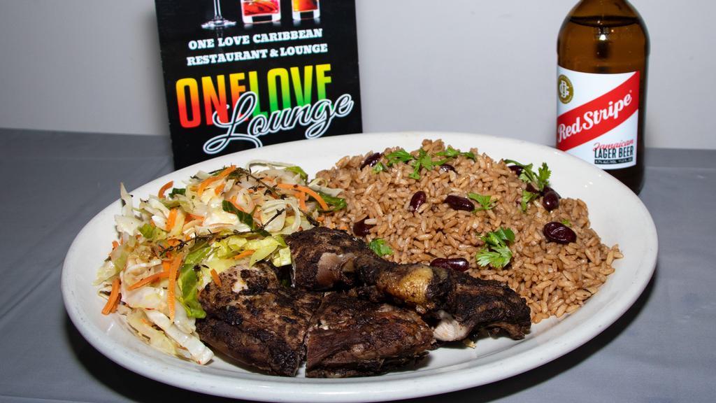 Jerk Chicken (Large) · Fresh chicken marinated with mouthwatering Caribbean spices and seasonings. Served with choice of 2 sides.