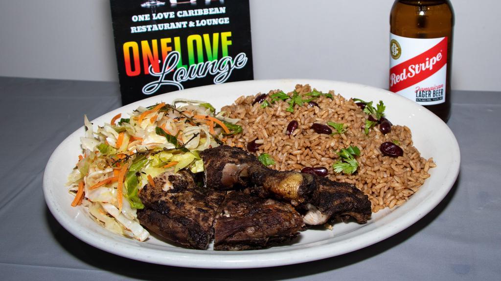 Jerk Chicken (Small) · Fresh chicken marinated with mouthwatering Caribbean spices and seasonings. Served with choice of 2 sides.