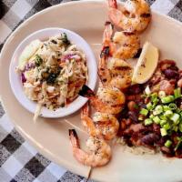 Grilled Bbq Shrimp · With slaw, beans and rice.
