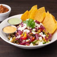 Tex-Mex Salad (Gc) · Iceberg lettuce, corn salsa, lime cilantro sauce, queso fresco, avocado, creamy hot sauce.
