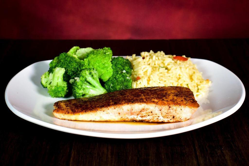 Pan Seared Salmon · Salmon fillet lightly seasoned, seared and drizzled with our honey lime sauce. Served with seasoned rice & your choice of one scratch made side.