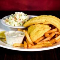 Crispy Fried Catfish · Farm-raised catfish fillets, hand-breaded in southern cornmeal. Served with french fries & c...