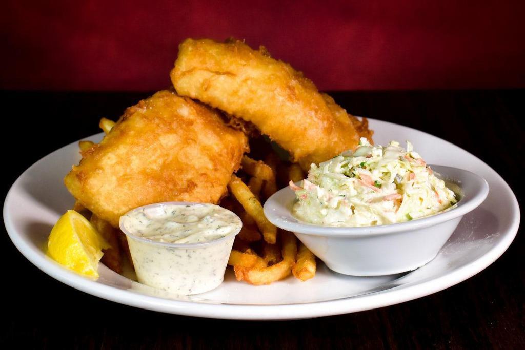 Fish & Chips · Atlantic Cod in our house made batter. Fried golden brown and served with french fries & coleslaw.