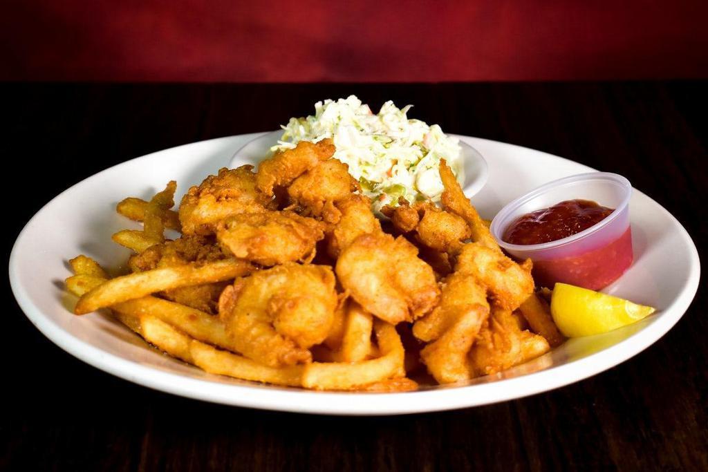 Golden Fried Shrimp · Hand-breaded tail-off shrimp lightly fried to a crispy golden brown. Served with french fries & coleslaw.