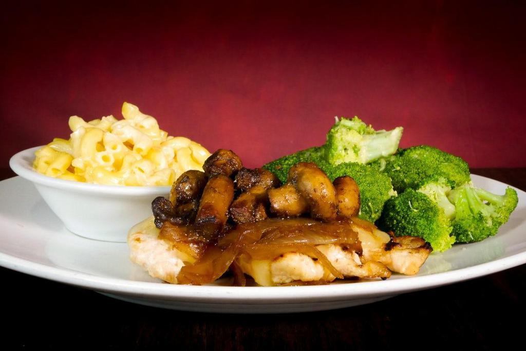 Smothered Chicken · Grilled chicken breast topped with sautéed mushrooms & caramelized onions with your choice of melted jack cheese or gravy.