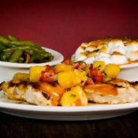 Aspen Hawaiian Chicken · Grilled chicken breast marinated and glazed Hawaiian style then topped with pineapple salsa.