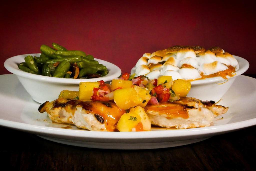 Aspen Hawaiian Chicken · Grilled chicken breast marinated and glazed Hawaiian style then topped with pineapple salsa.