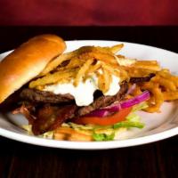 Chipotle Bleu Cheese Burger · Two quarter pound beef patties, fried onion strips, bacon, chipotle mayo & Wisconsin Bleu Ch...