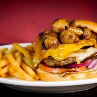 Lodge Burger · Two quarter pound beef patties with sautéed mushrooms, onions & BBQ sauce with cheddar & jac...
