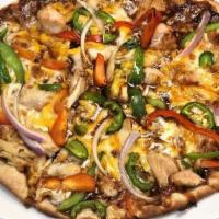 Kickin' Bbq Chicken Pizza · Grilled chicken, red onions & BBQ sauce covered in cheddar & jack cheeses then sprinkled wit...