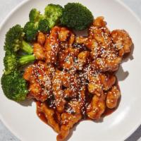 Sesame Chicken · Breaded white meat chicken with sesame sauce and broccoli. Contains sesame, soy, and nightsh...