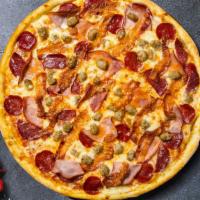 Meat Club Pizza · Pepperoni, Canadian bacon, sausage, and cheese pizza baked in a stone oven