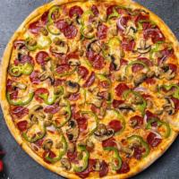 Supreme Boss Pizza · Pizza sauce, mozzarella cheese, pepperoni, mushroom, green pepper, red onion, black olive, g...
