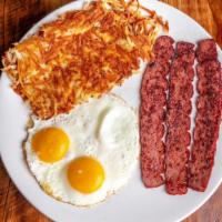 The Classic Eggs · Your choice of bacon, turkey bacon, sausage patties, chicken apple links or grilled ham. Wit...