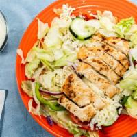 Grilled Chicken Salad · Grilled chicken breast, cucumbers, green peppers, mozzarella cheese, tomato, red onion on ho...
