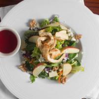 Chicken Apple Walnut Salad · Fresh mix greens, roasted chicken breast, granny smith apples grapes, walnuts, feta cheese, ...