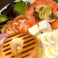 Salmon Bagel Platter · Atlantic Smoked Salmon (cold smoked with a blend of fruitwoods and hardwoods), fresh Tomato ...