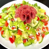 Italian Genoa Salad · Genoa Italian Salami, Red Roasted Peppers, fresh cut
Romaine Lettuce, Tomatoes, Cucumbers, C...