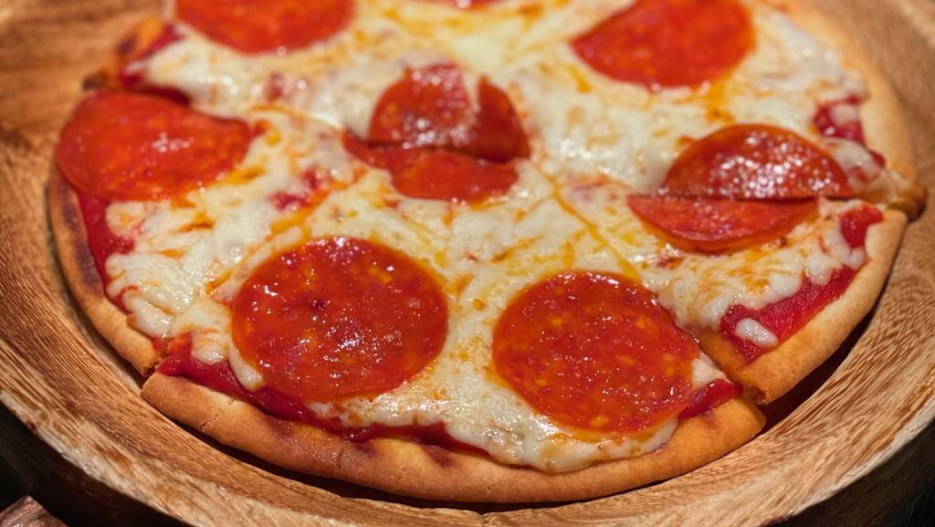 Pepperoni Pizza · Mini Flat-bread pizza topped with our signature tomato marinara sauce, mozzarella cheese, and pepperoni