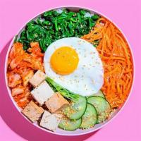 Tofu Bibimbap · Tofu with white rice, kimchi, shredded carrots, cucumber, scallions, sesame seeds, fried egg...