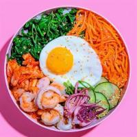 Seafood Bibimbap · Shrimp and tuna with white rice, kimchi, shredded carrots, cucumber, scallions, sesame seeds...