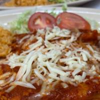 Enchilada Plate · Three cheese enchiladas. Served with rice, refried beans, and a flour tortilla.