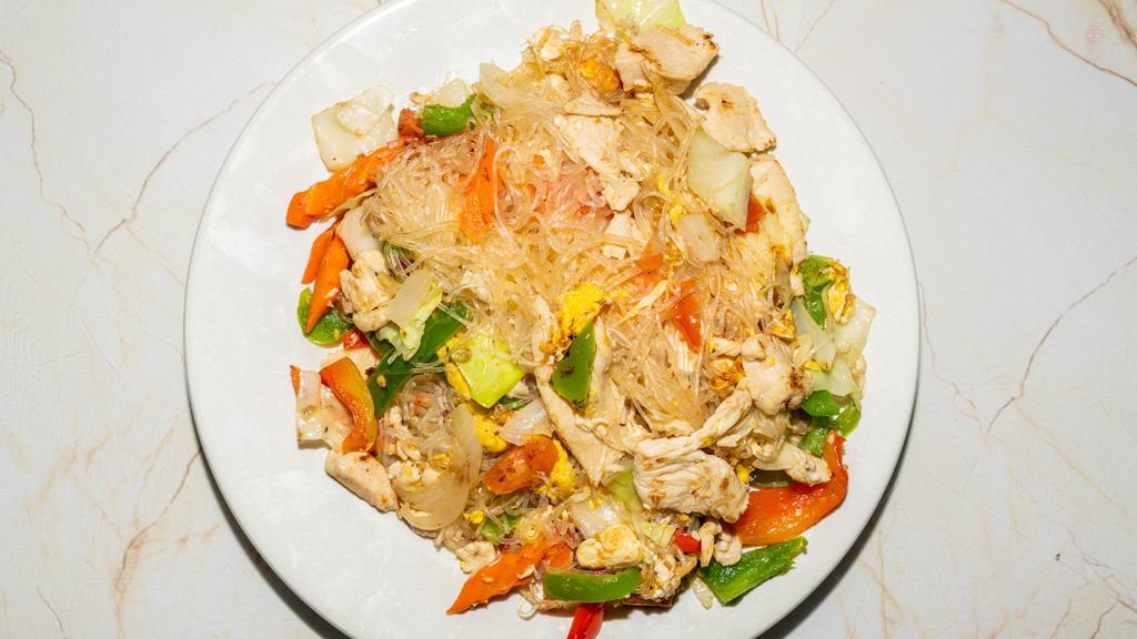 Pad Woon Sen · Clear noodles with egg, cabbage, carrots, bell peppers, onions, tomatoes. ONLY USE EXTRA INSTRUCTIONS TO REMOVE INGREDIENTS. SUBSTITUTIONS AND ADDITIONS WILL NOT BE HONORED.